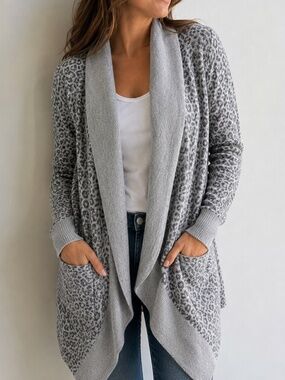 Yet Again Gray Leopard Print Waterfall Cardigan 100% Cotton Size Small